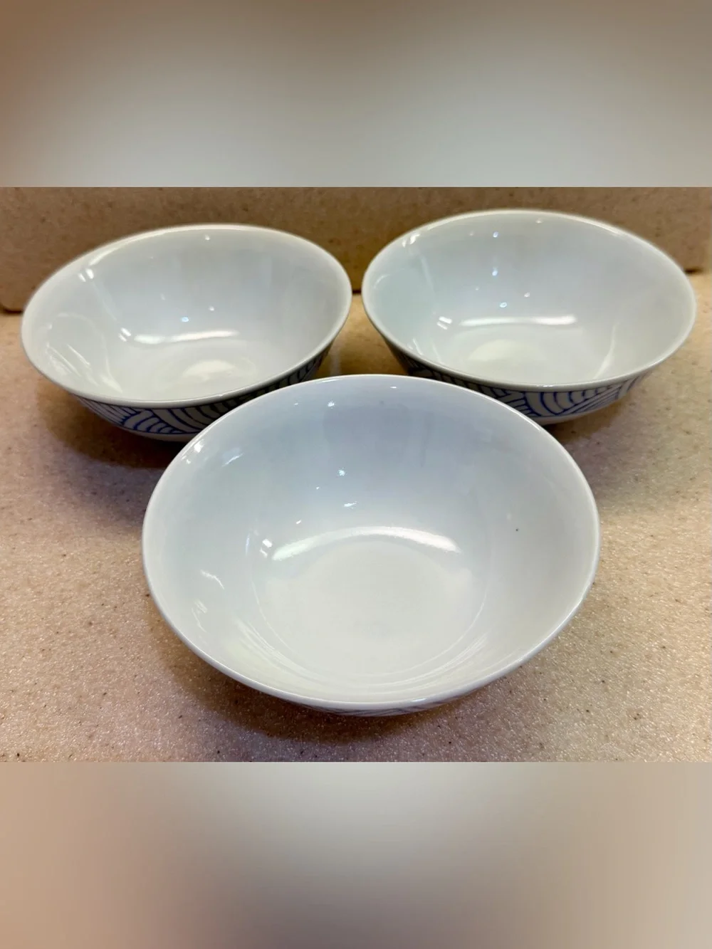 Blue Wave Geometric Pattern Porcelain Serving Rice Bowls - Set of 3 White w/Blue